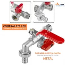 Torneira Esfera Dupla para Tanque e Máquina de Lavar Roupa Metal Parede - 2 Saídas Bico 1/2x3/4 | 1/4 de volta