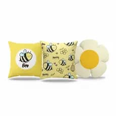 Kit Almofadas Decorativas Tema Abelha e Mel, 2 Quadradas Estampadas e 1 em Formato de Flor 45x35 cm, Infantil