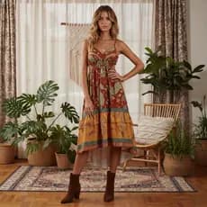 Europeu americano Retro caju flor impressão com decote em V estilingue vestido boêmio cintura alta Irregular vestido de