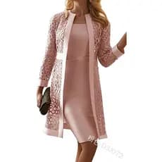 Novo estilo feminino cor renda Cardigan vestido jaqueta de duas peças