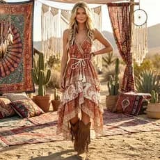 Boêmio caju impresso com decote em V vestido estilingue Retro cintura estreita amarrado Irregular bainha grande férias l
