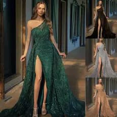 Novas roupas femininas europeias americanas com fenda de ombro inclinado saia longa vestido brinde vestido de noite com