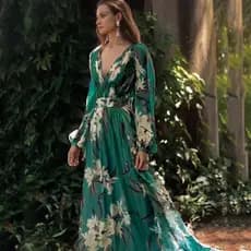 Verão novo estilo comércio exterior impresso vestido feminino com decote em V manga comprida grande balanço saia longa f