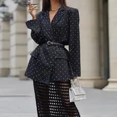 Moda elegante bolinhas lapela manga comprida terno Blazer