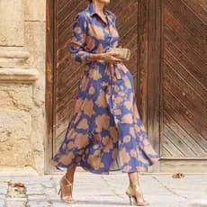 Novas senhoras transfronteiriças moda temperamento impresso vestido de comprimento médio
