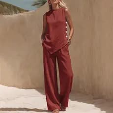 2026 francês Retro verão novo estilo europeu americano feminino algodão linho sem mangas calças de perna larga terno Cro