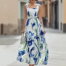Para francês quadrado pescoço sem mangas vestido tinta íris cintura estreita saia longa férias colete vestido