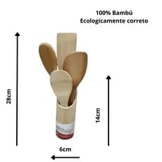Jogo de Talheres De Bambu Madeira Kit Cozinha Conjunto 4 Peças e Suporte