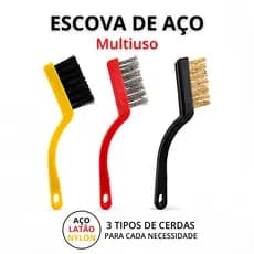 Kit 3 Escovas de Aço Latão Nylon Multiuso Limpeza Manual Churrasqueira Ferrugem