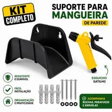Suporte Mangueira Jardim Parede Preto Kit Completo Enrolador Esguicho Parafuso Reforçado