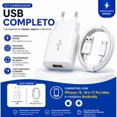 Carregador Tipo C Completo Compatível Samsung Motorola Iphone 15, 16 e 17 Pro Max Carregamento Rápido