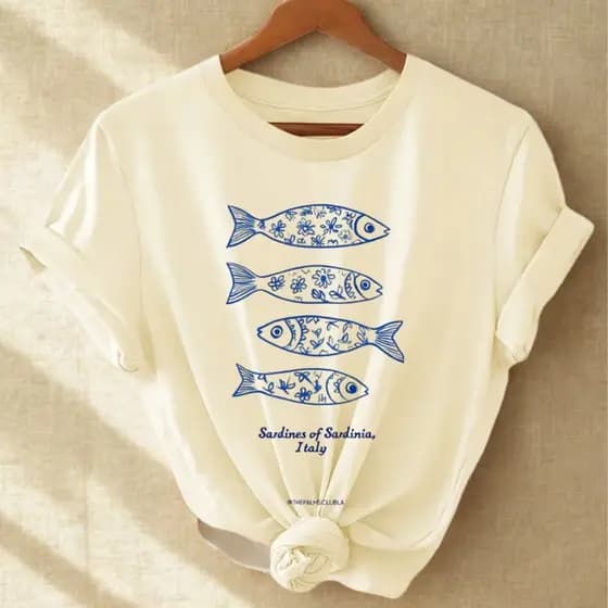 Camiseta Feminina Algodão Verão Sardinhas Minimalista Confortável