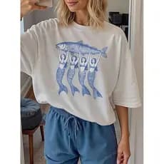 Camiseta Feminina, Modelo Sereia Lata de Sardinha, Gola Redonda, Manga Curta, Casual, Solta e Confortável