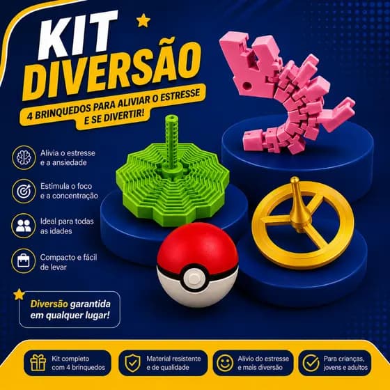 Kit 4 Brinquedos Sensoriais Fidget Toy Antiestresse-Dinossauro Articulado-Pião-Pokébola-Diversos