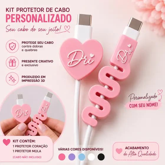 Kit Protetor de Cabo Personalizado com Nome | Impressão 3D | Protetor Coração + Mola Anti Quebra