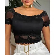 Cropped  Ombro a Ombro Com Bojo Blusinha De Renda Moda Blogueira