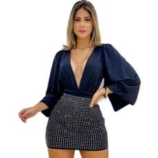 Saia Curta Feminina Pedraria Brilho Strass Cintura Alta Moda Balada