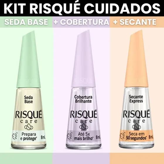 Kit Risque Care Seda Base Extra Brilho Secante Express Base Cuidados 8ml