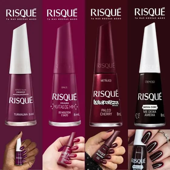 Kit 4 Esmaltes Risqué Tons Roxo Ameixa Vinho Alta Cobertura Unhas Sofisticadas