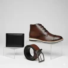 Kit Bota Casual Masculina Oxford Marrom Preto Cinto Carteira Coturno Couro Chelsea Chukka Sapato Pai