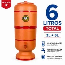 Filtro de Barro 6 Litros Tradicional COMPLETO com Vela Tripla Ação, Torneira, Boia e Tampa