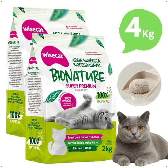Kit 2 Areias Higiênicas Gato 2kg Grãos Médios Anti Odor Alto Rendimento Wisecat