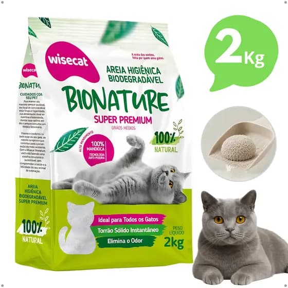 Areia Higiênica Gato 2kg Biodegradável Grãos Médios Anti Odor Alto Rendimento