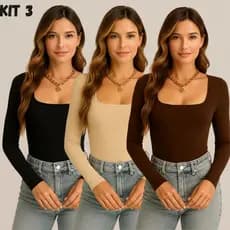 Kit 3 body Feminino Manga Longa Suplex Decote Quadrado Forro no Busto