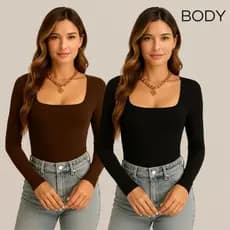 Kit 2 Body Feminino Decote Quadrado Manga Longa Suplex Casual Premium