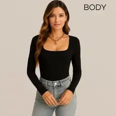 Body Feminino Manga Longa  Quadrado Suplex Elegante Moda Casual Forro No Busto