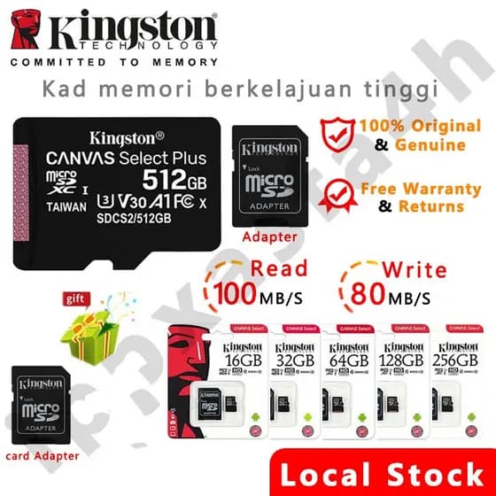 Cartão SD Kingston Canvas Select Plus Classe 10 100 Mb/s 16GB/32GB/64GB/128GB/256GB/512GB/1TB De Memória Para Câmera/Tel