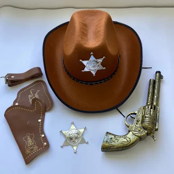 Kit Chapéu Xerife Para Festa Carnaval Fantasia Com 5 Peças Diversão Faroeste Velho Oeste