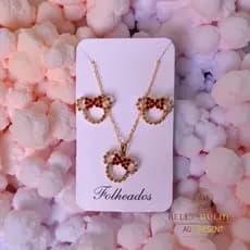 Conjunto Mickey e Minnie Colar e Brinco Choker Feminino Adulto e Infantil Folheado a Ouro 18K