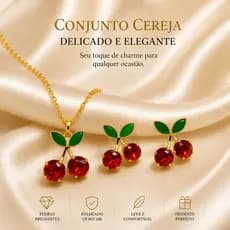 Conjunto Colar + Brinco Cereja Feminino - Cherry Folheado a Prata 925 e Ouro 18K