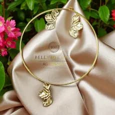 Colar Aro Choker + Brincos Orgânicos Verão Folheados a Ouro 18K