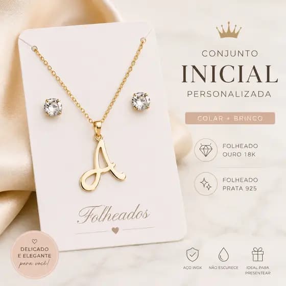 Conjunto Colar Letra Inicial Feminino + Brinco Aço ou Folheado Ouro