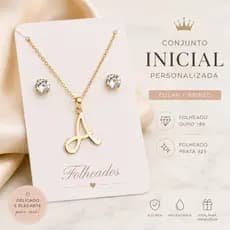 Conjunto Colar Letra Inicial Feminino + Brinco Aço ou Folheado Ouro
