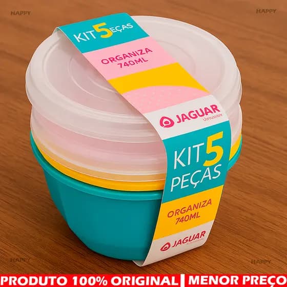 Kit 5 Potes de Plástico com Tampa Conjunto Pote Jaguar 740 ML Promoção Envio Imediato
