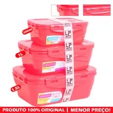 Kit 3 Potes Hermético Colors 500ml/1L/1,5L,  Resistente Tampa Trava Vedação, Marmita Organizador, Microondas, Freezer