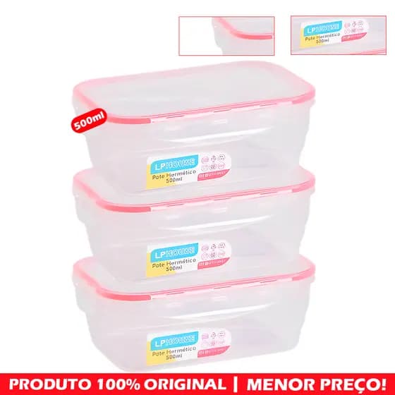 Kit 3 Potes Hermético 500 Ml Vermelho, Transparente Plástico Tampa Trava Vedação Marmita Organizador Microondas, Freezer