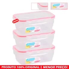 Kit 3 Potes Hermético 500 Ml Vermelho, Transparente Plástico Tampa Trava Vedação Marmita Organizador Microondas, Freezer