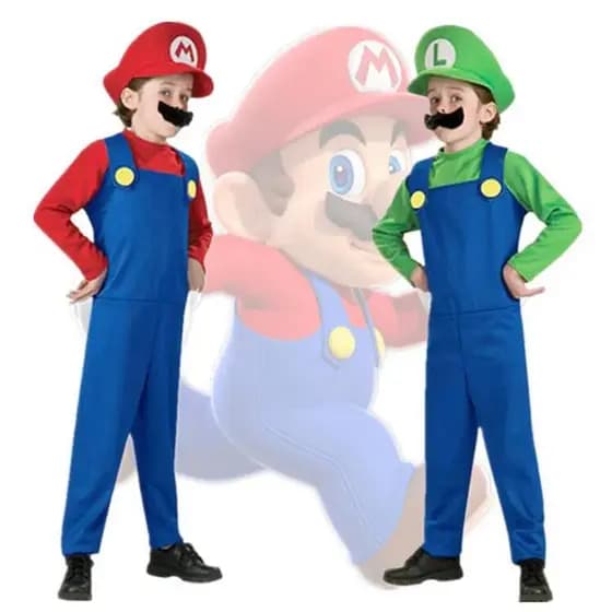 Fantasia Super Mario Bros e Luigi Completa Com Quepe Bigode e Luvas Reino Gogumelo Mario Vídeo Game