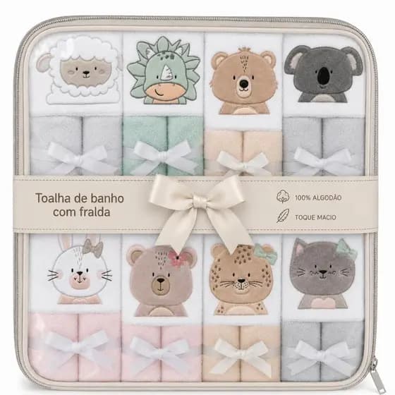 Toalha de banho bebê 90cm x 70cm Felpuda com capuz Papi Friends com forro de fralda soft