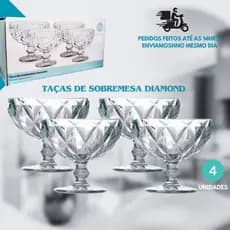 Jogo Com 4 Taças Sobremesa Vidro Sorvete Diamante - Kit 4 unidades de tigela de sobremesa 320ml diamond