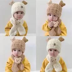 Conjunto ( Touca Com Cachecol Ursinho ) Bebê 5 Meses ao 4 Anos Ursinho Forrado Macio Para Inverno