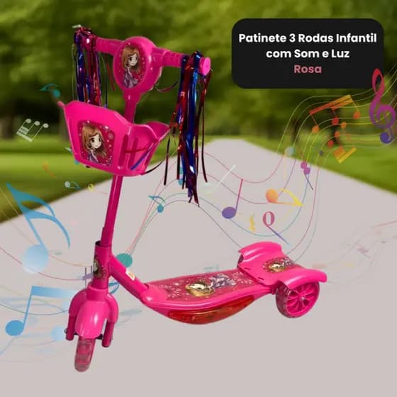 Patinete 3 Rodas Infantil Dobrável com Som e Luz - Rosa
