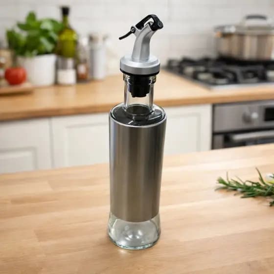 Porta Azeite Vinagre Temperos Galheteiro Dispenser Com Bico Dosador Inox Vidro 300ml
