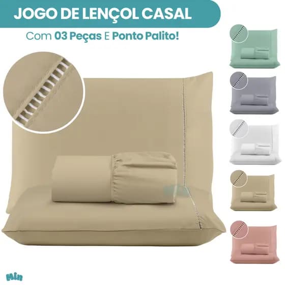 Jogo de Lençol Cama Casal Padrão 03 Peças 400 Fios Micropercal Ponto Palito
