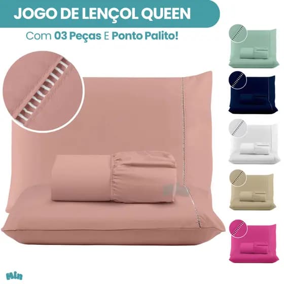 Jogo de Lençol Cama Queen 03 Peças 400 Fios Micropercal Ponto Palito