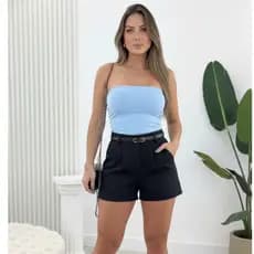 Short Alfaiataria Feminino Cintura Alta confortável elegante com cinto Bolso e Zíper Lateral Social